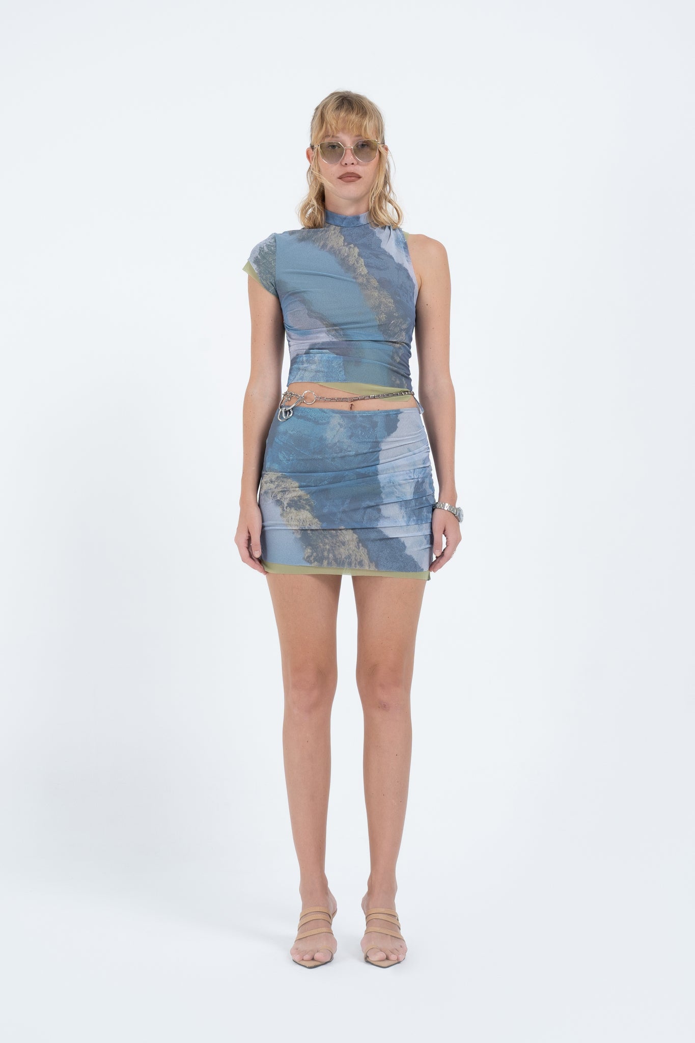 Arthur Apparel Blue Mesh Printed Nylon Mini Skirt Swimwear Outer