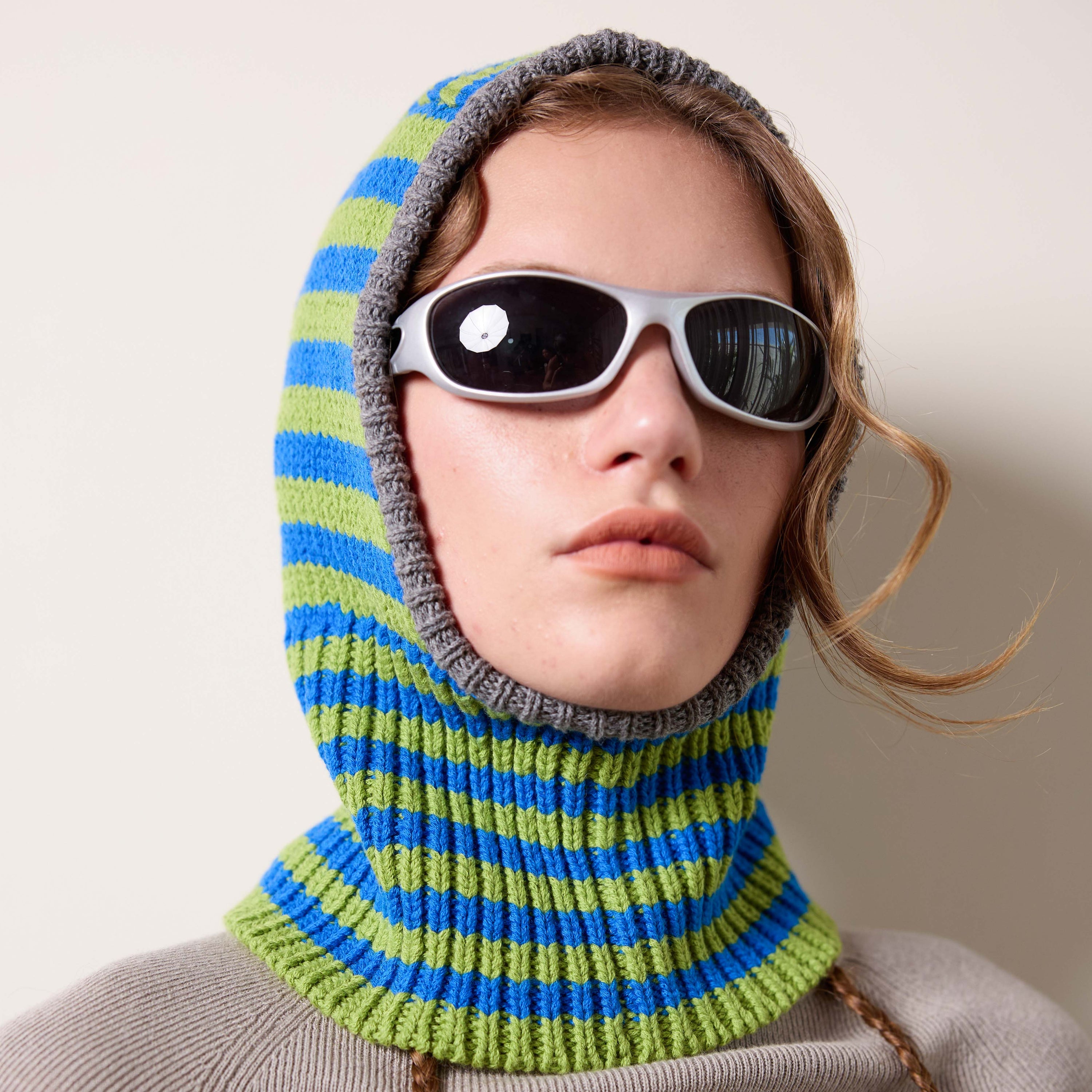 Arthur Apparel chunky wool blend knitted hood in blue and green stripes with contrast grey rib around the face