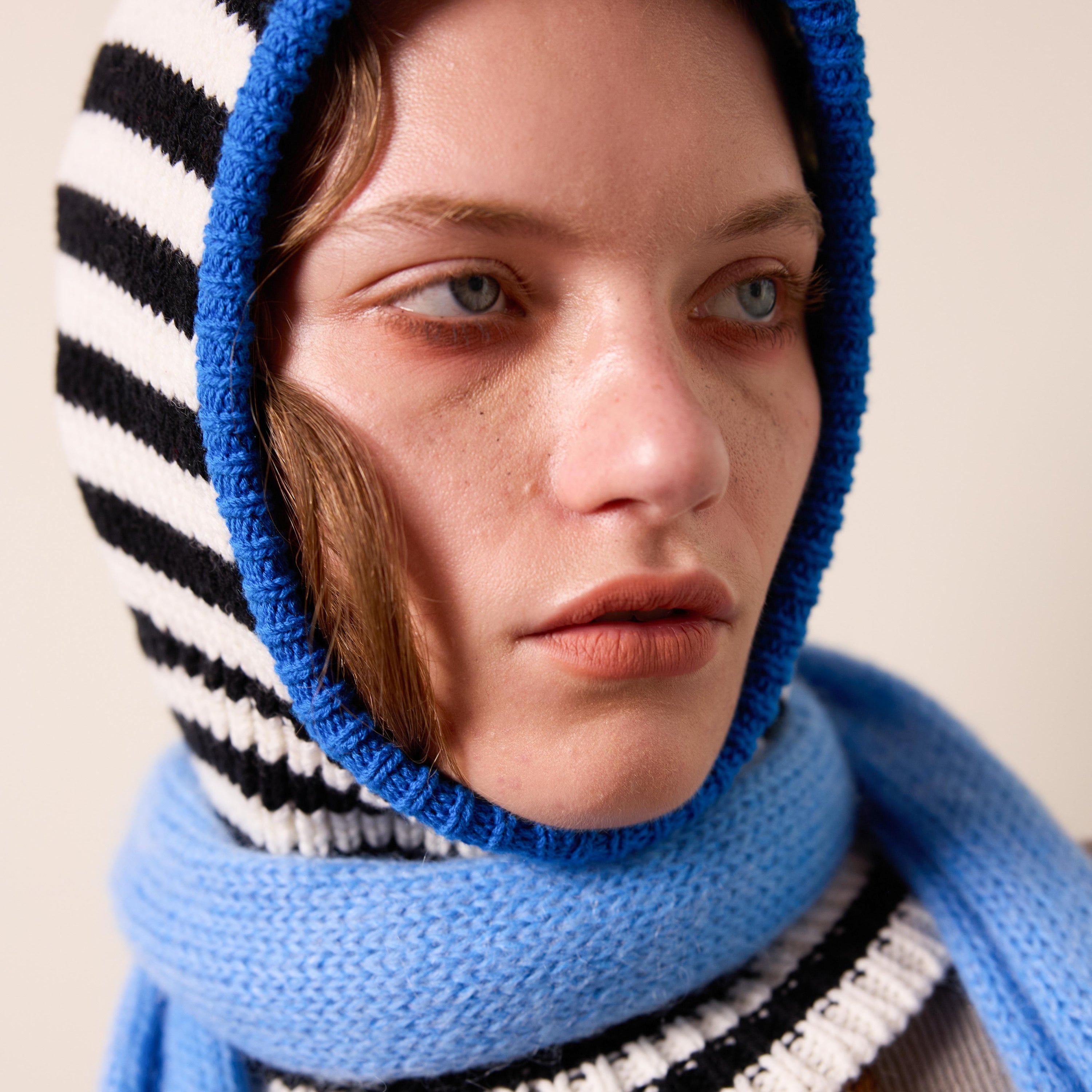 Arthur Apparel chunky wool blend knitted hood in black and white stripes with contrast royal blue rib around the face
