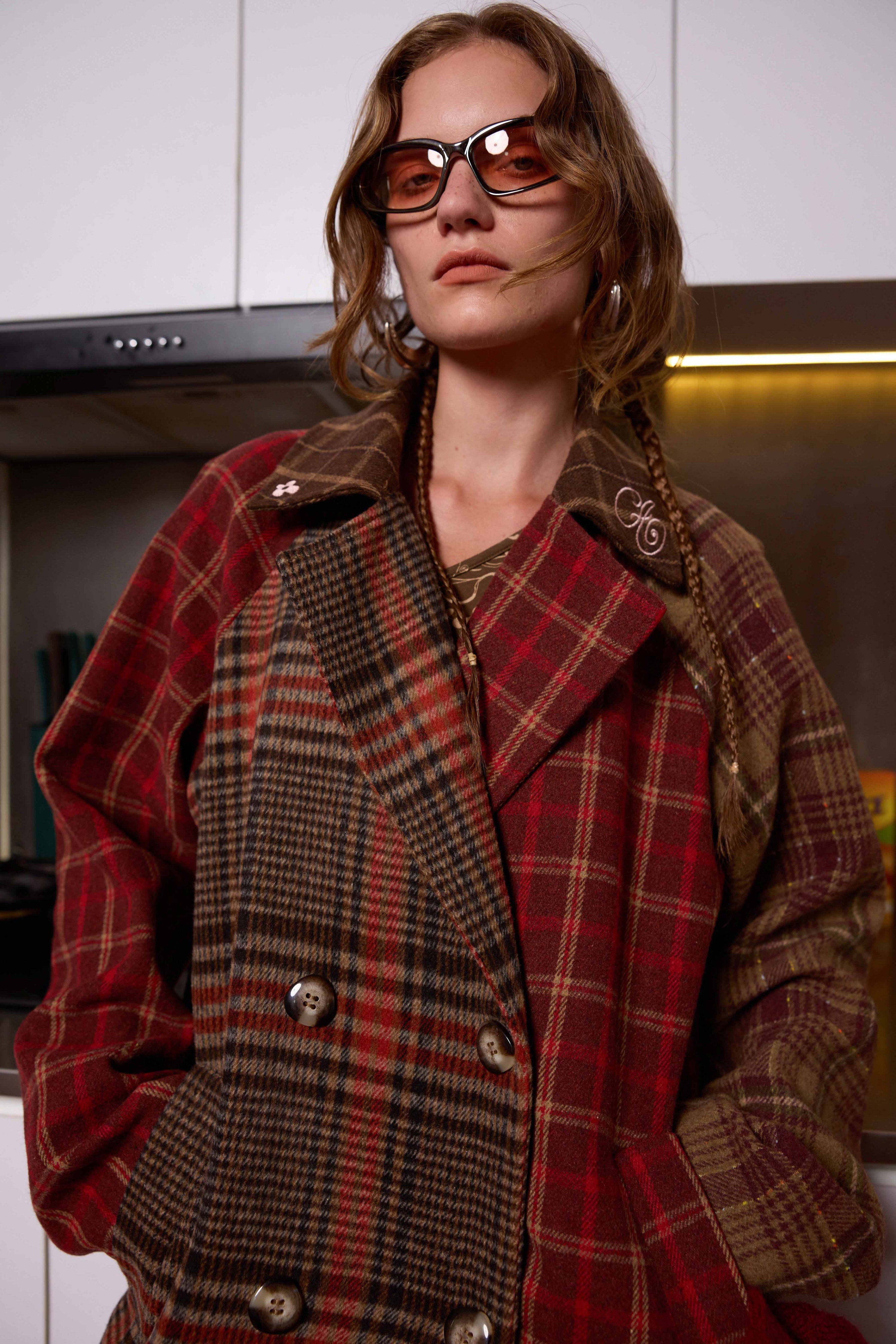 Arthur Apparel oversized double breasted coat in red tones with pink embroidered collar
