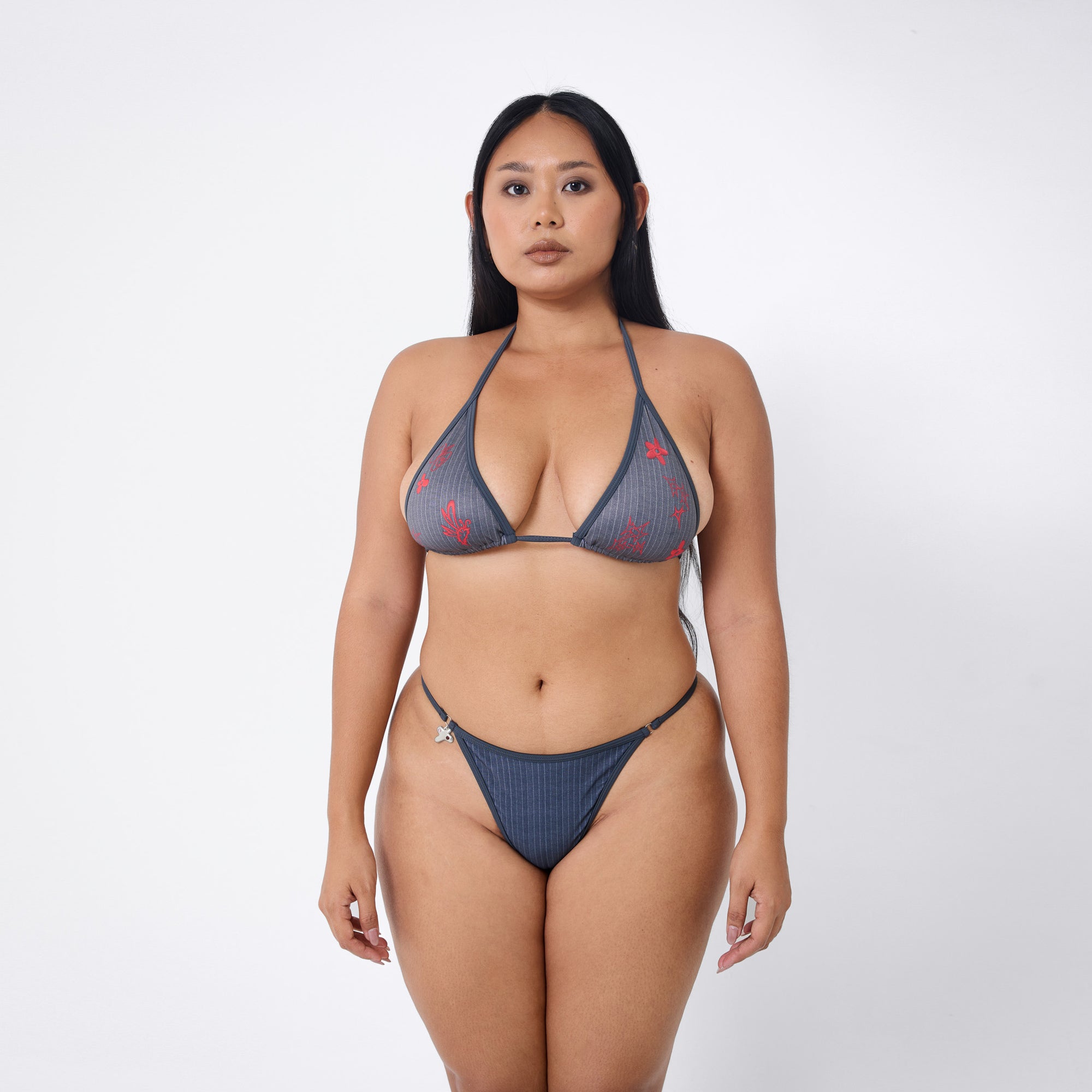 Arthur Apparel micro bikini top with halter ties in grey and red print