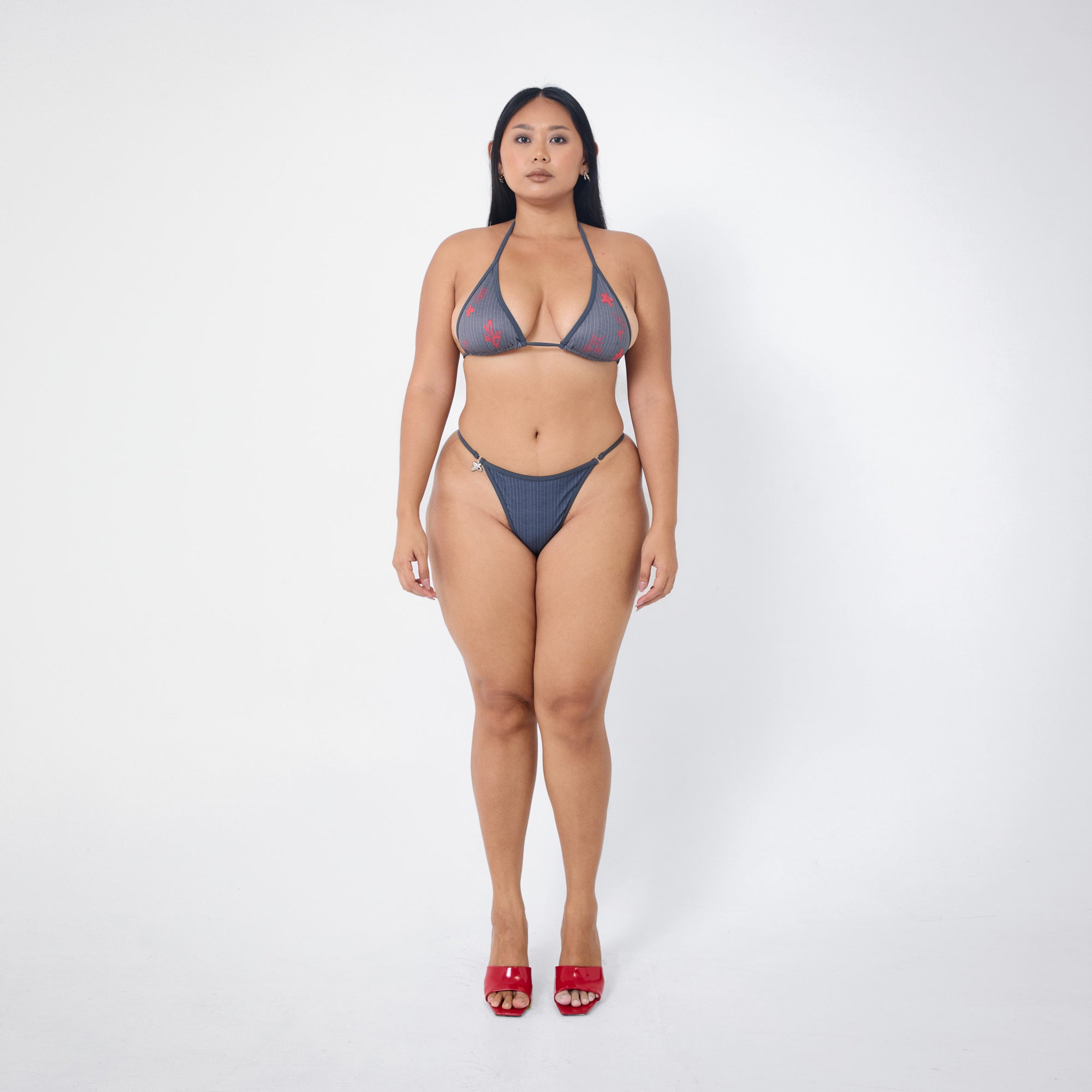 Arthur Apparel micro bikini top with halter ties in grey and red print