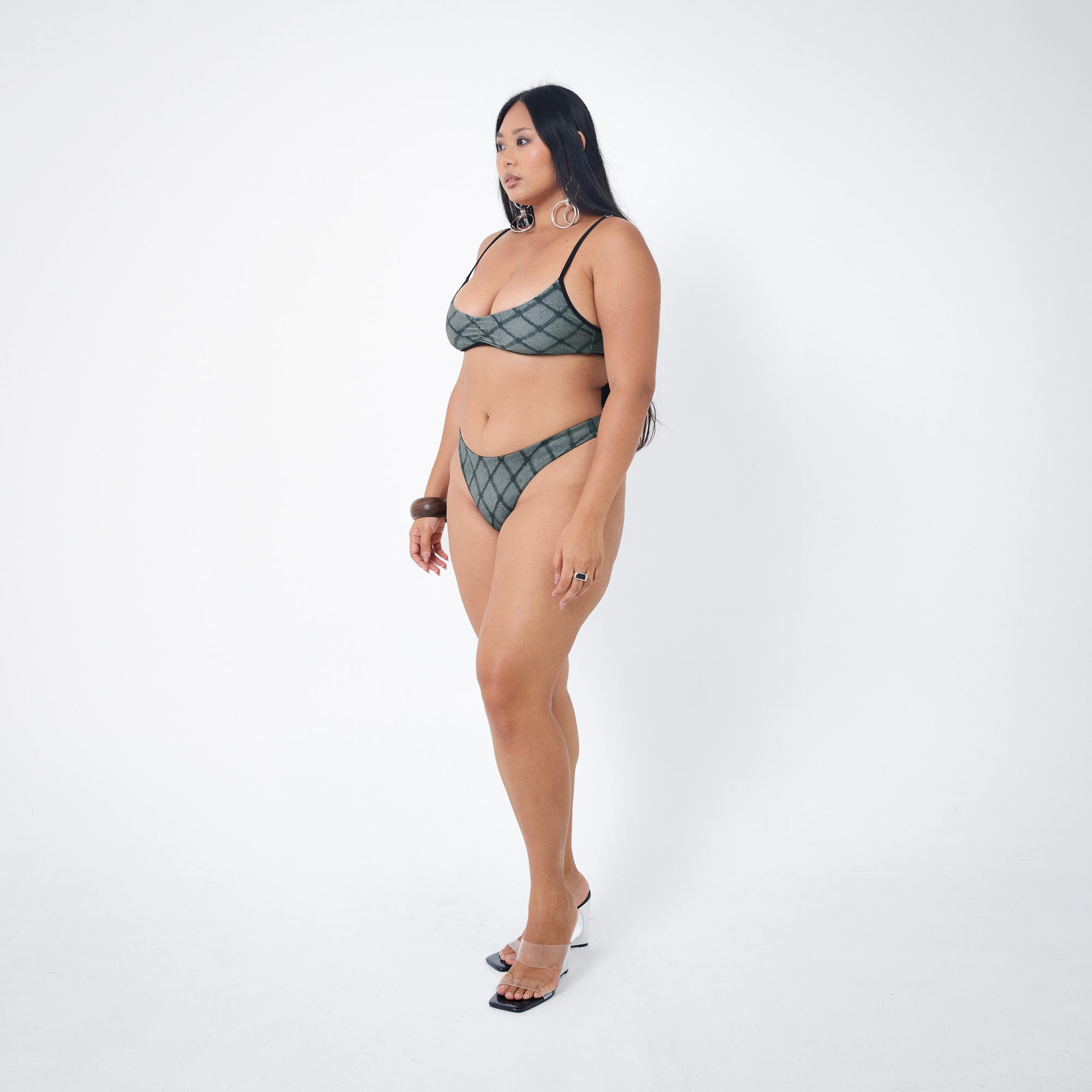 Arthur Apparel high cut brief style bikini bottom in grey check print