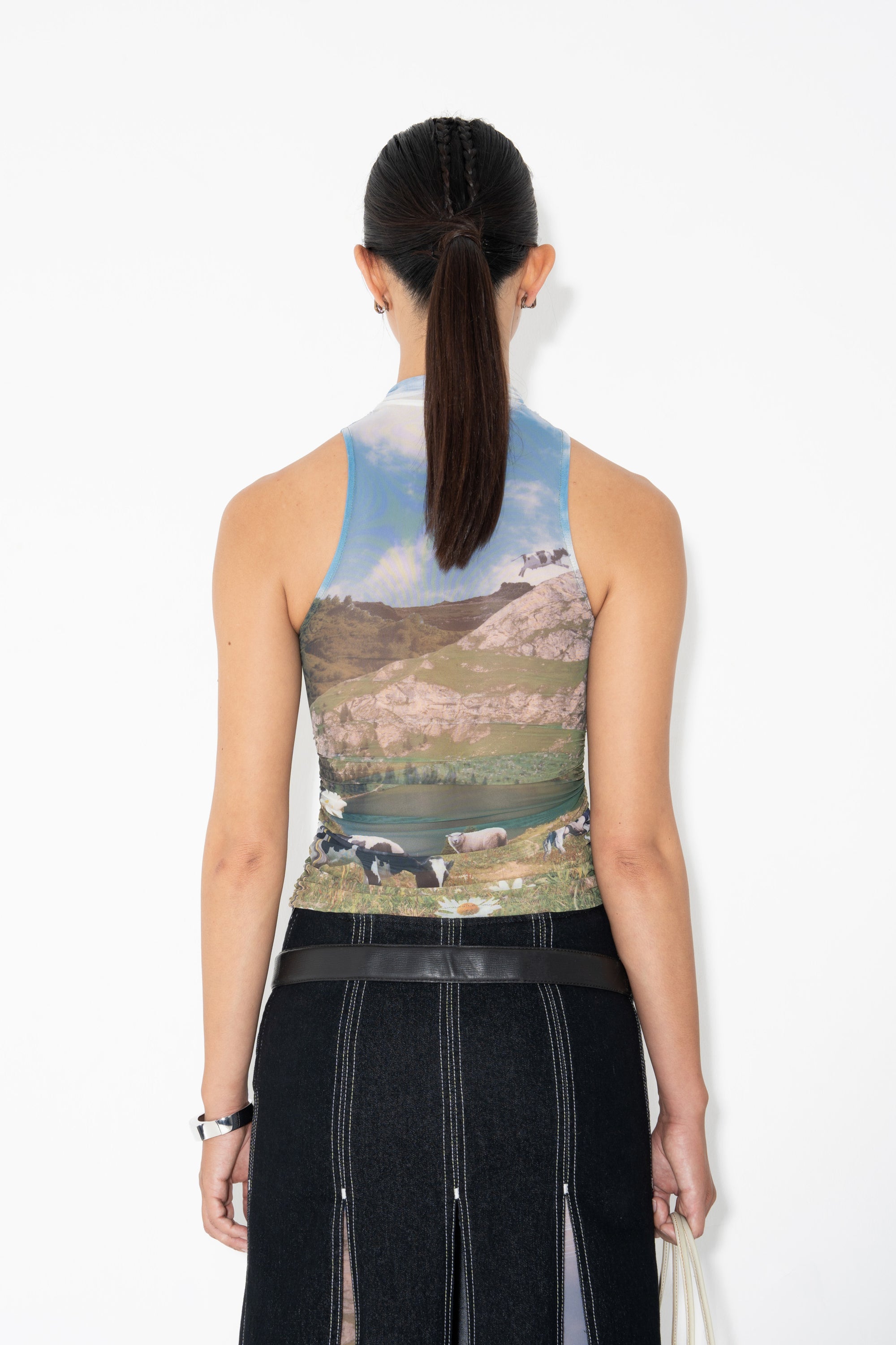 Arthur Apparel Graphic Print Mesh Ruched Tank Top