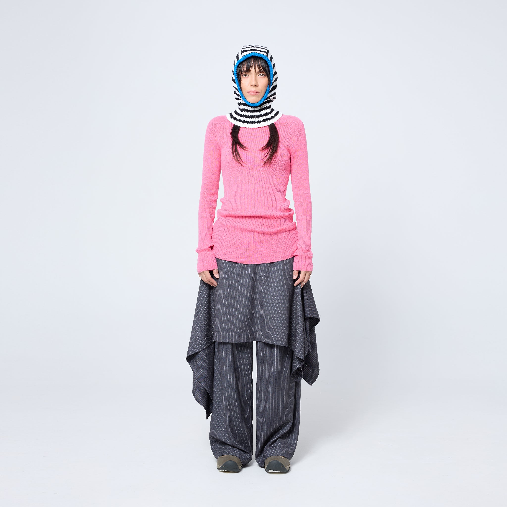 Arthur Apparel chunky wool blend knitted hood in black and white stripes with contrast royal blue rib around the face