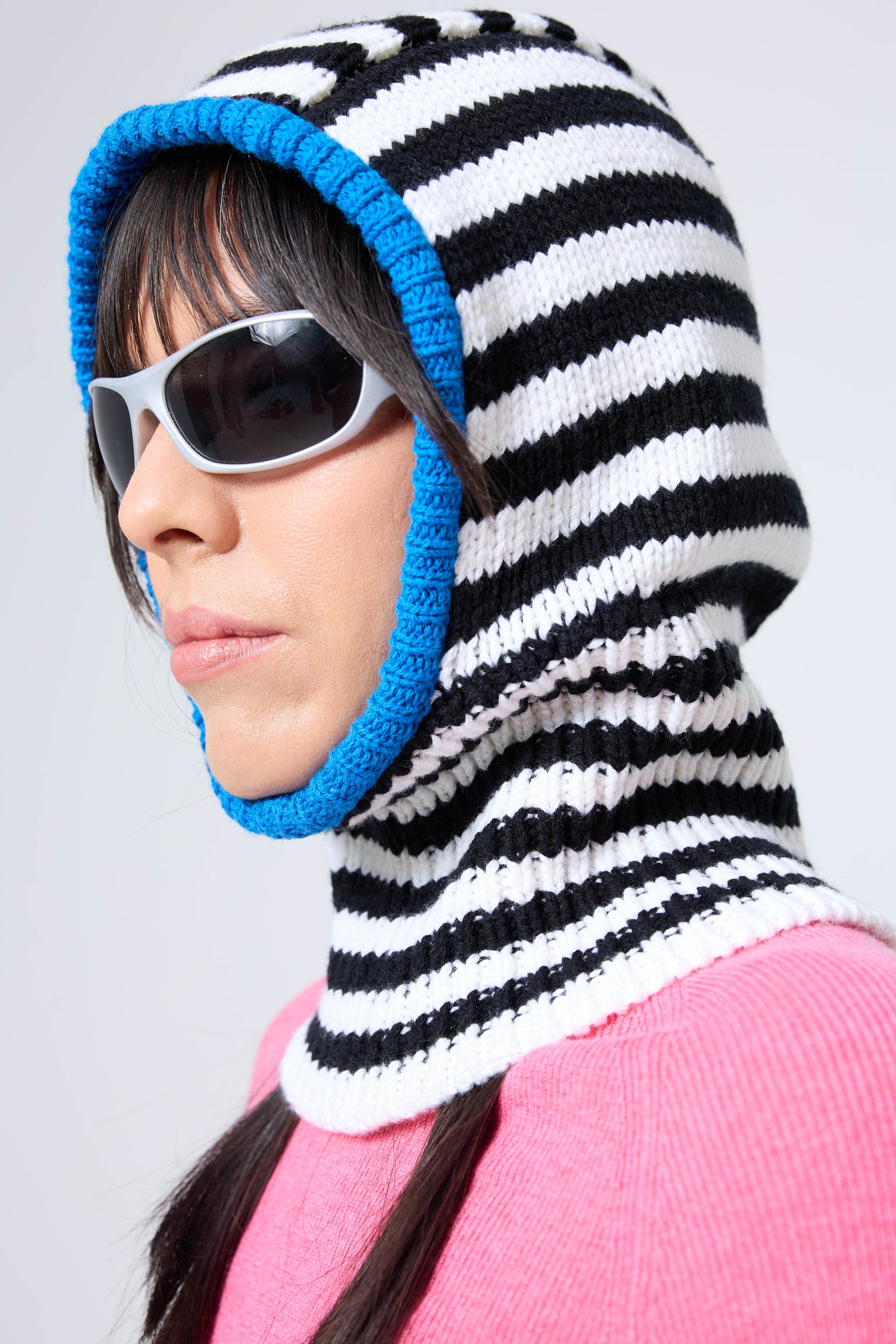 Arthur Apparel chunky wool blend knitted hood in black and white stripes with contrast royal blue rib around the face