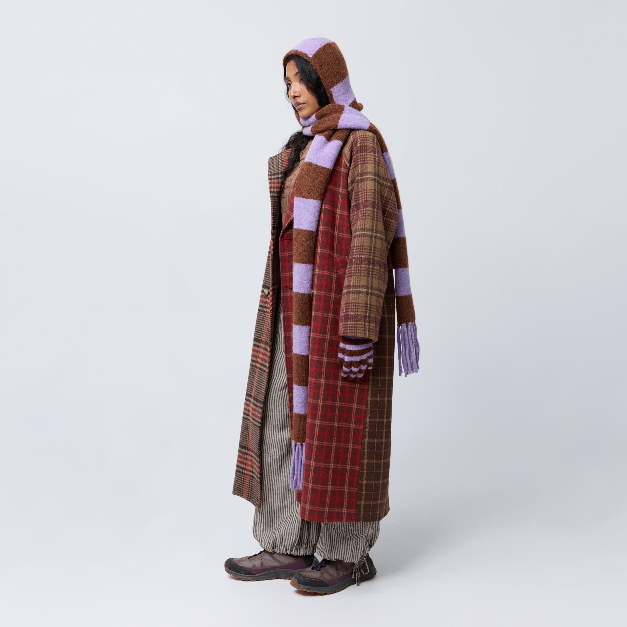 Arthur Apparel purple/brown wool knitted scarf with built in hood