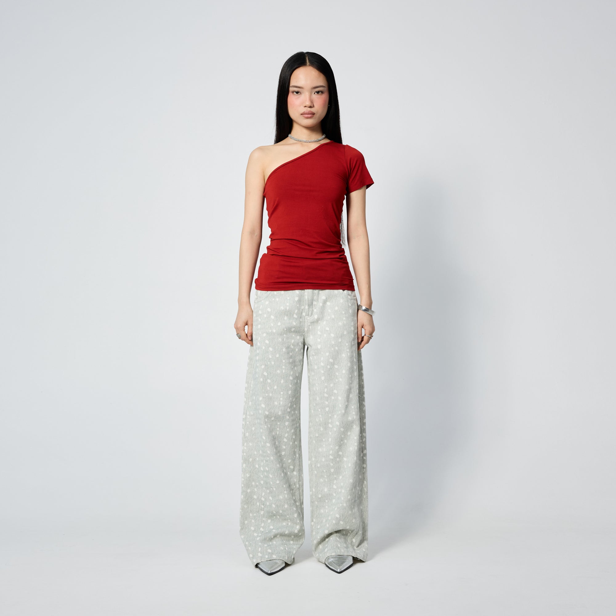 Arthur Apparel light green straight leg jeans with white spots