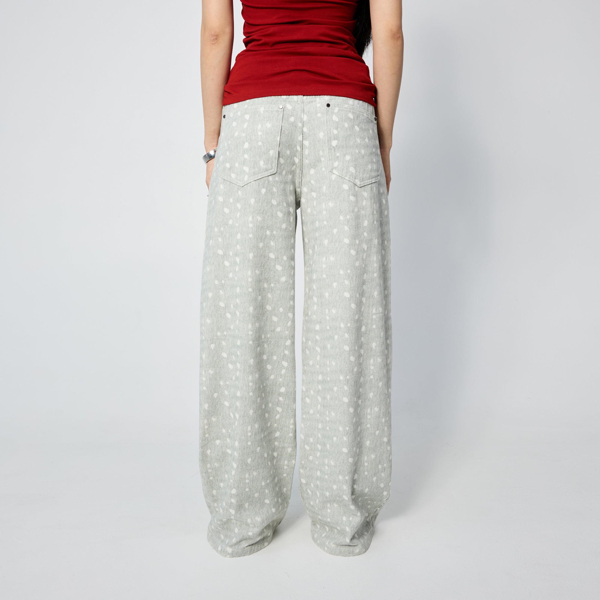 Arthur Apparel light green straight leg jeans with white spots