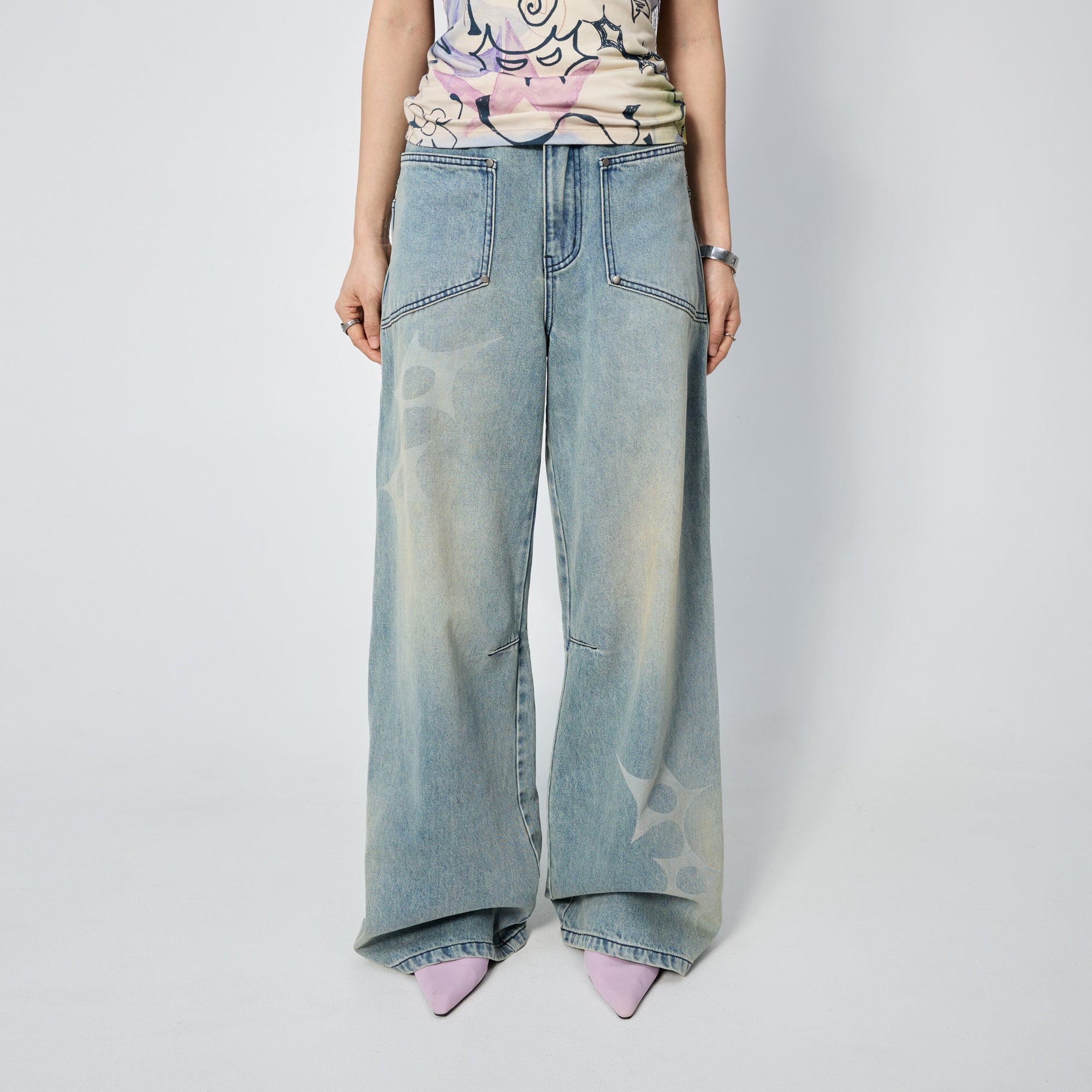 Arthur Apparel blue straight leg jeans with stars print