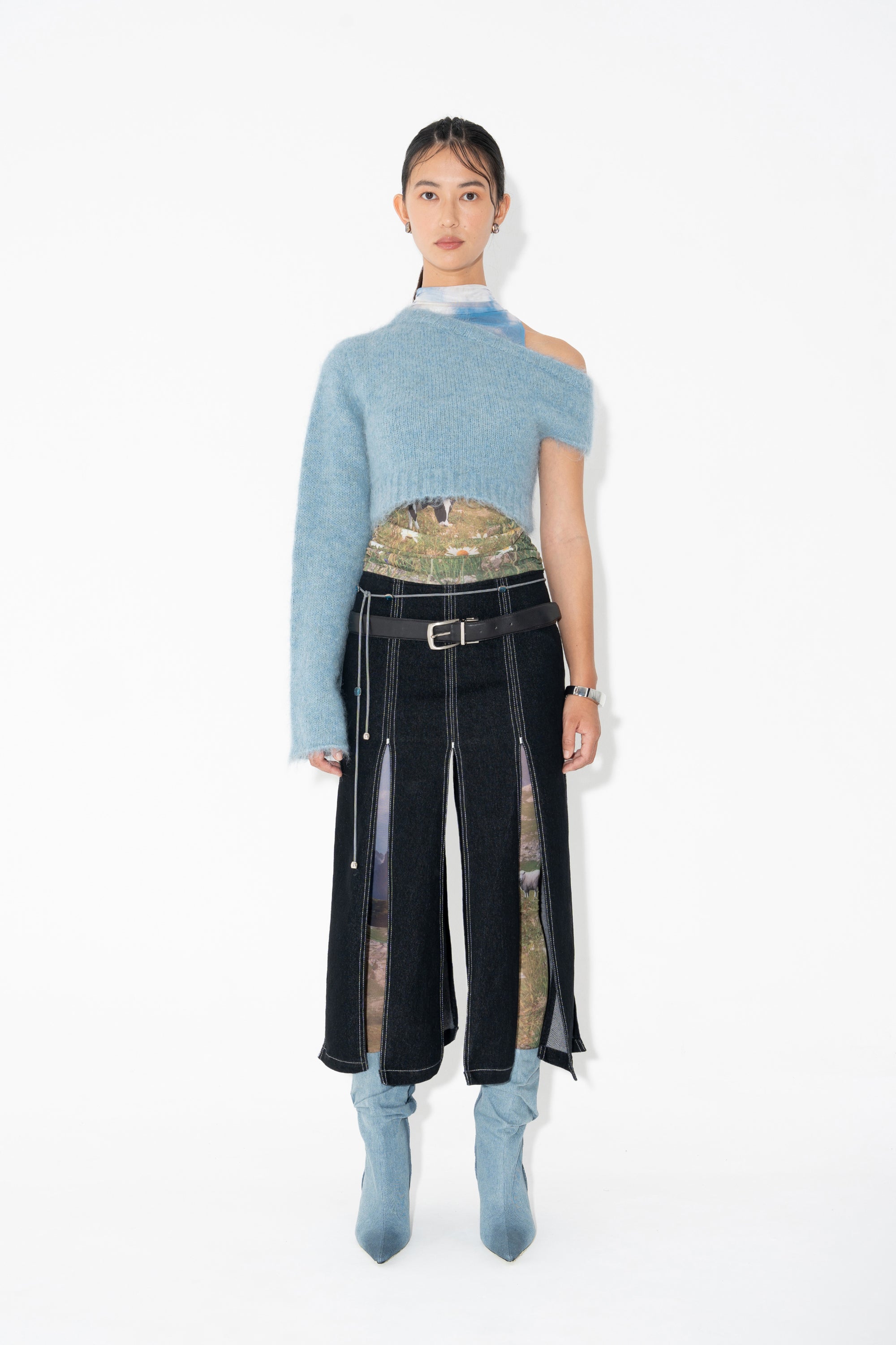 Arthur Apparel Cut-Out Midi Denim Skirt 