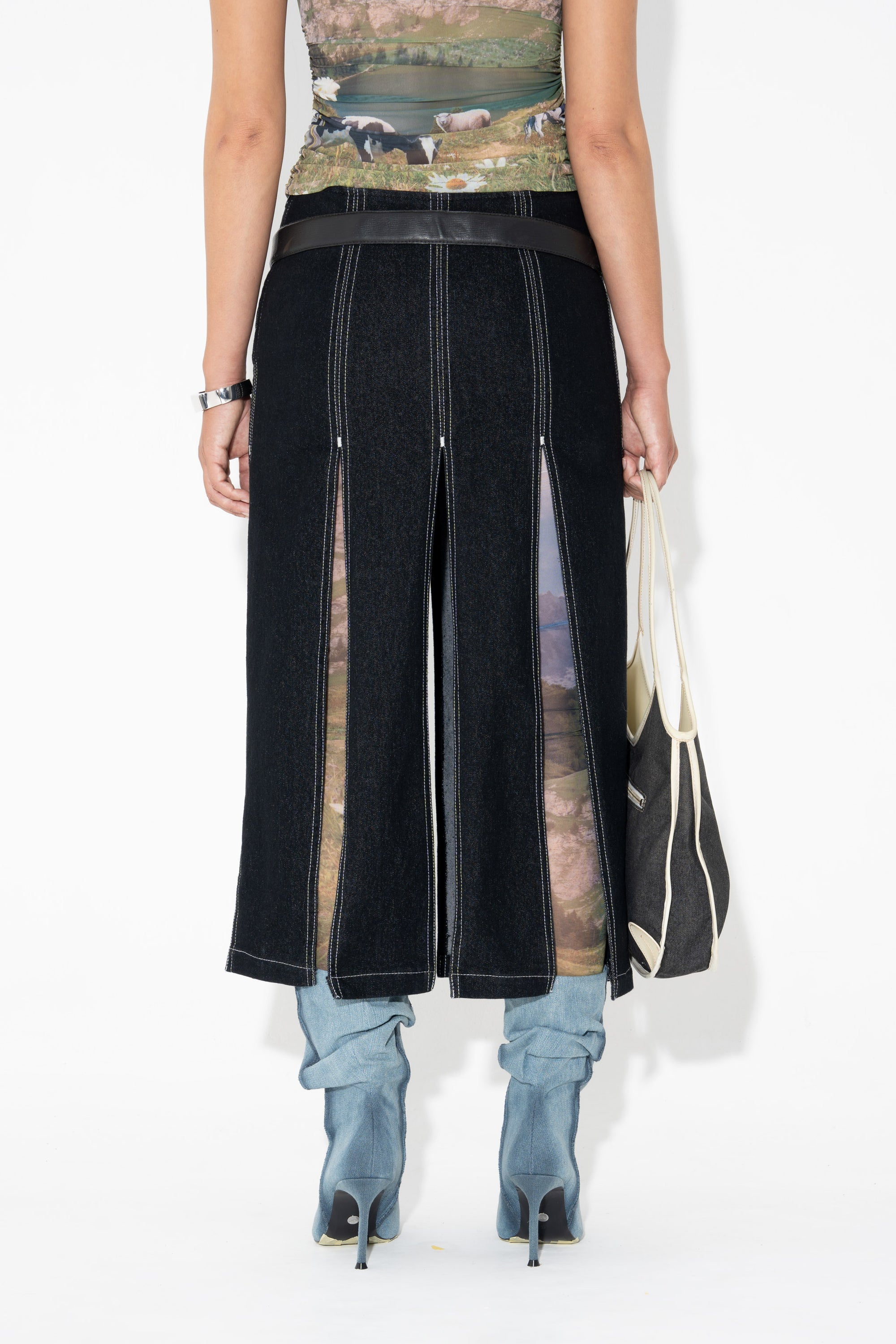 Arthur Apparel Cut-Out Midi Denim Skirt 