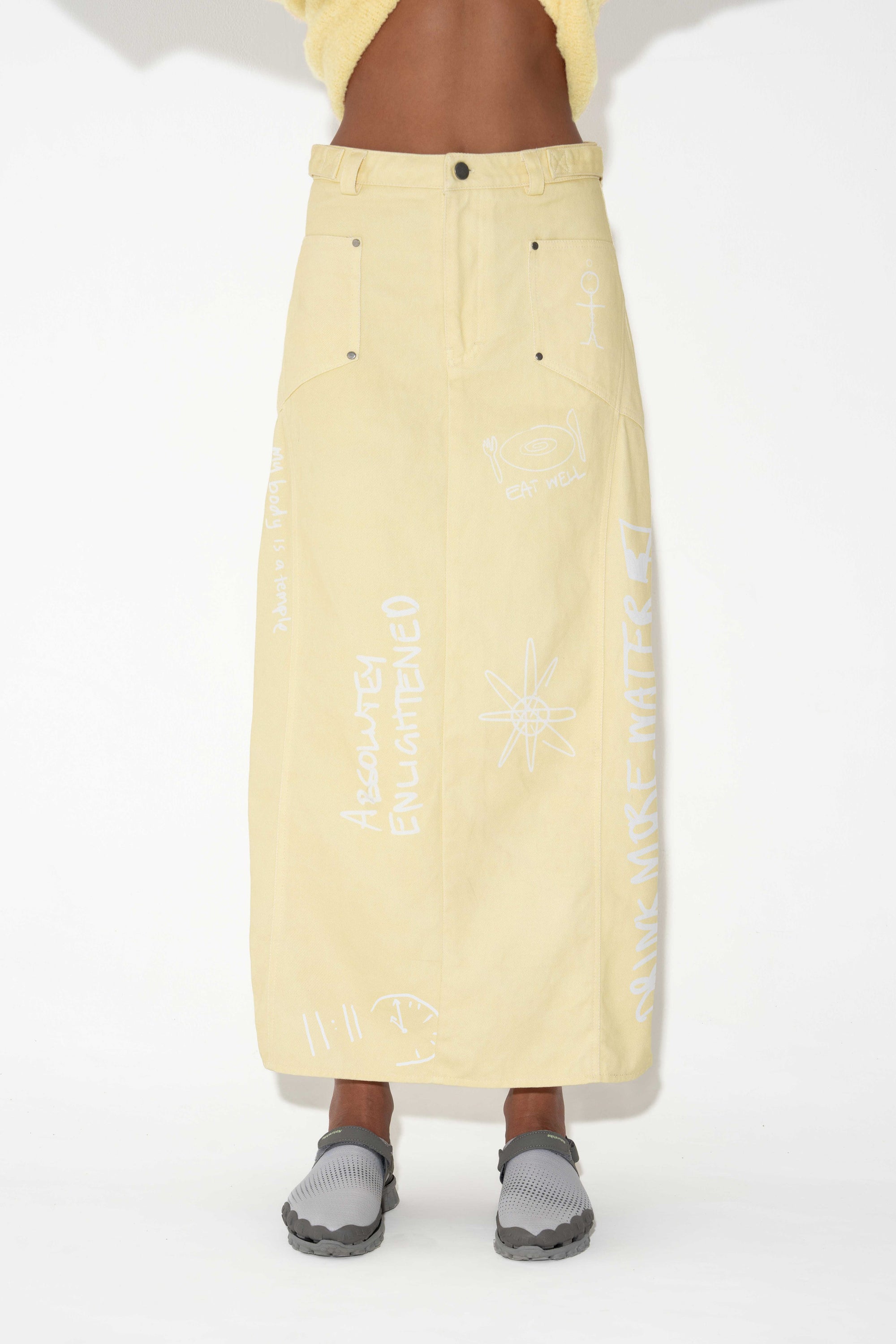 Arthur Apparel Maxi Yellow Printed Denim Skirt 