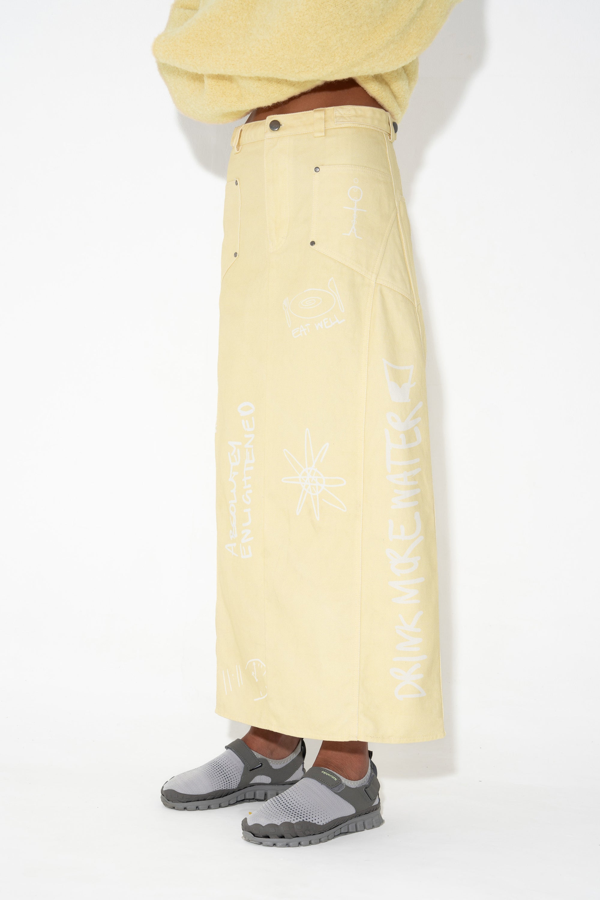 Arthur Apparel Maxi Yellow Printed Denim Skirt 