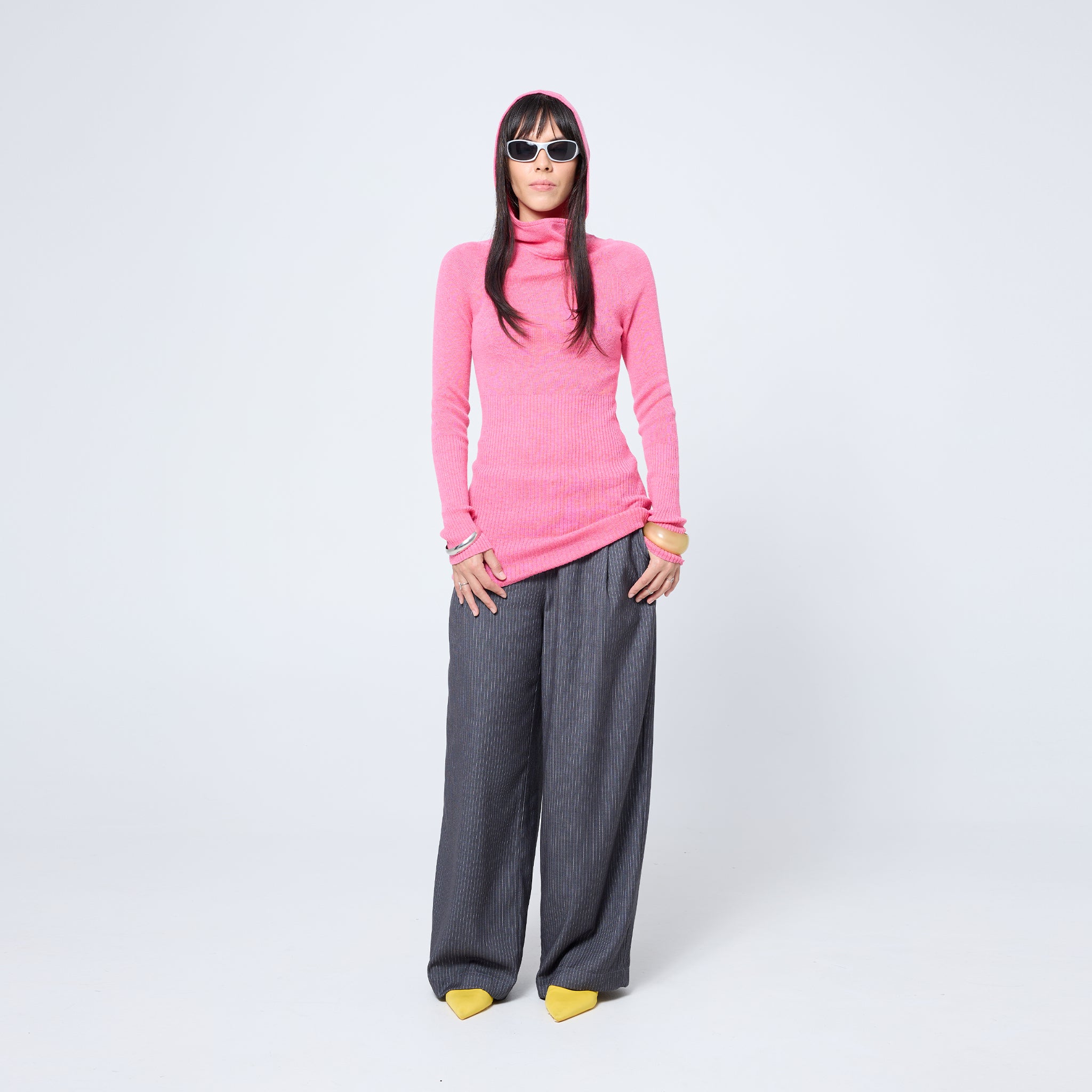 Slouchy Pleat Pant in Grey Pinstripe