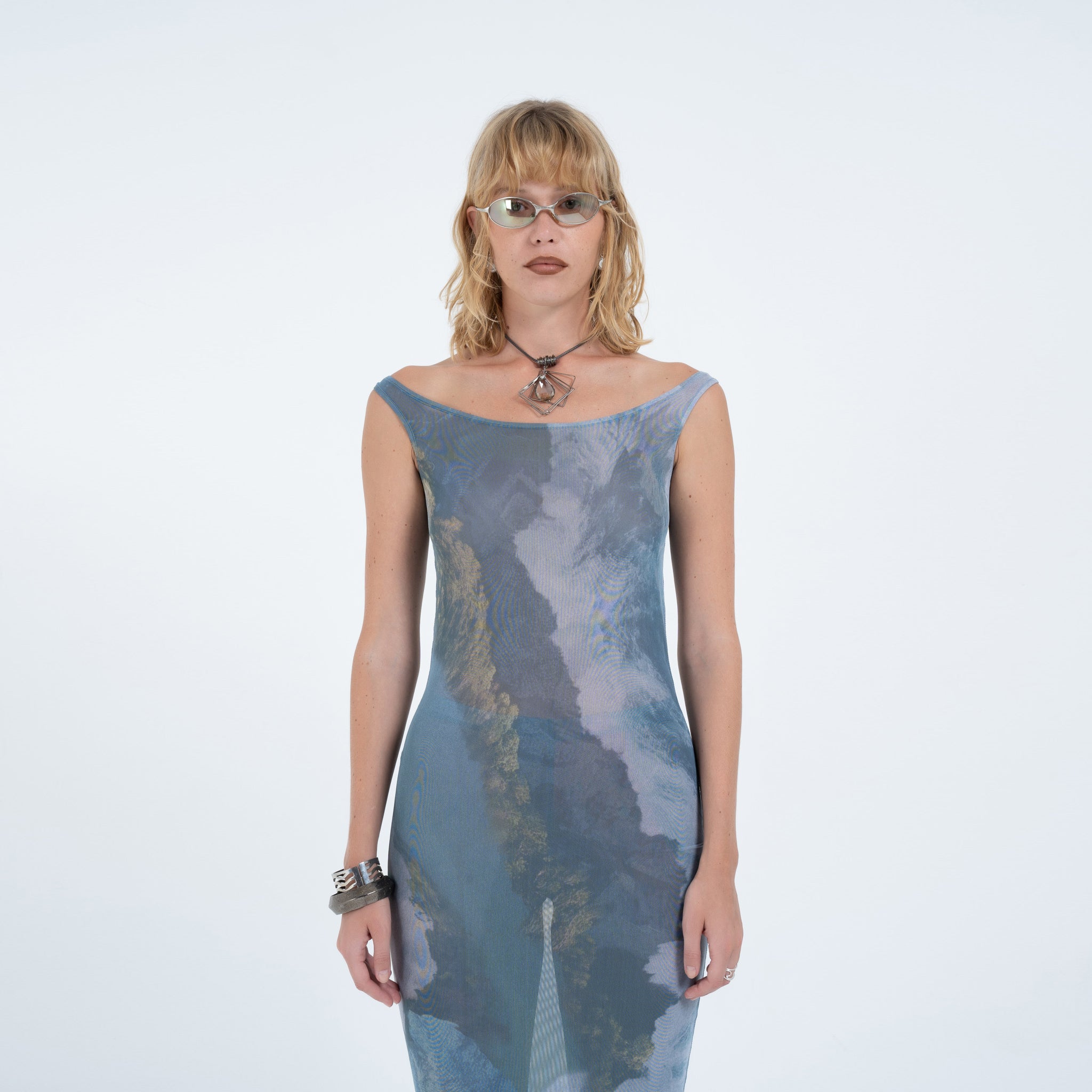 Off-Shoulder Mesh Midi in River