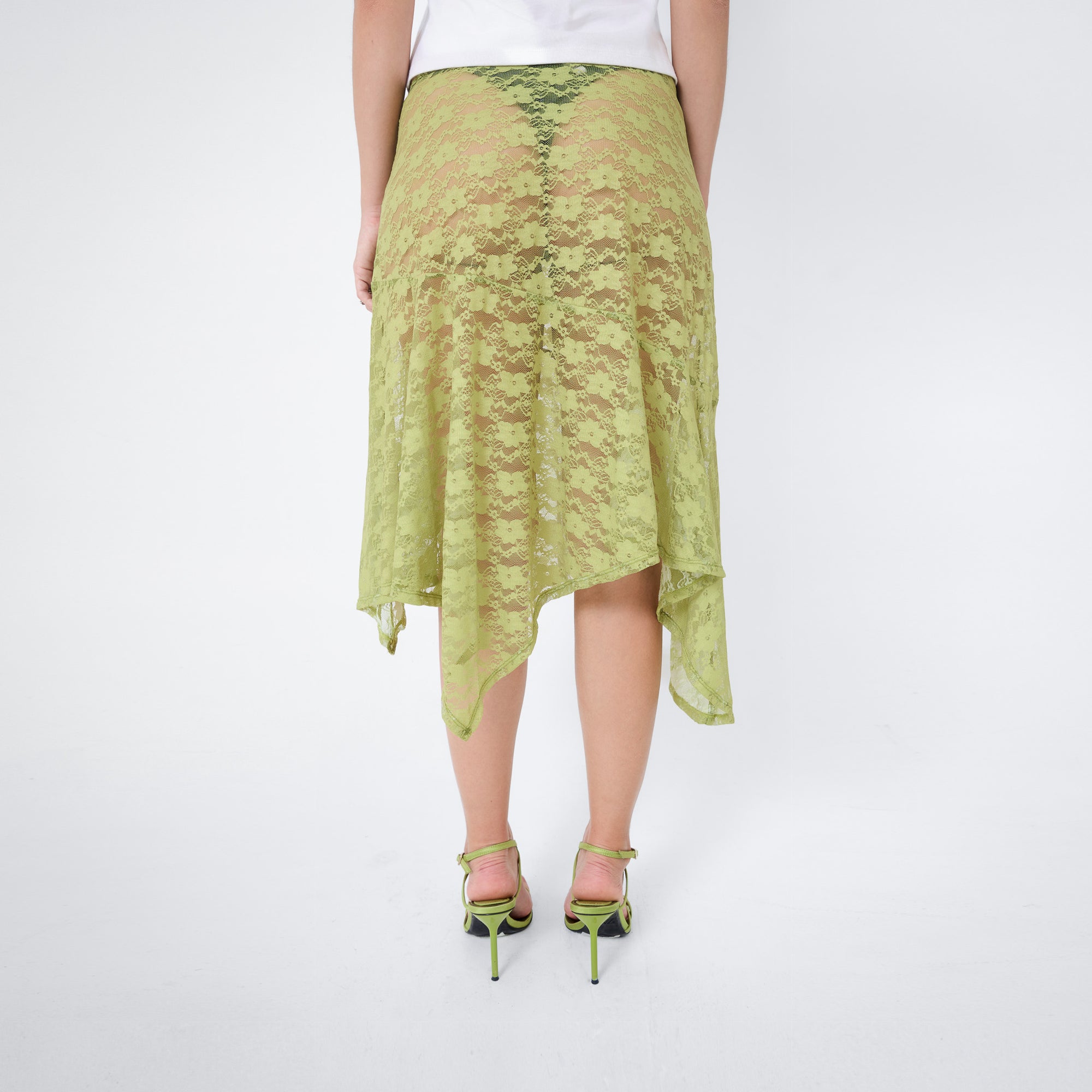 Arthur Apparel mid-length see through lace skirt in green