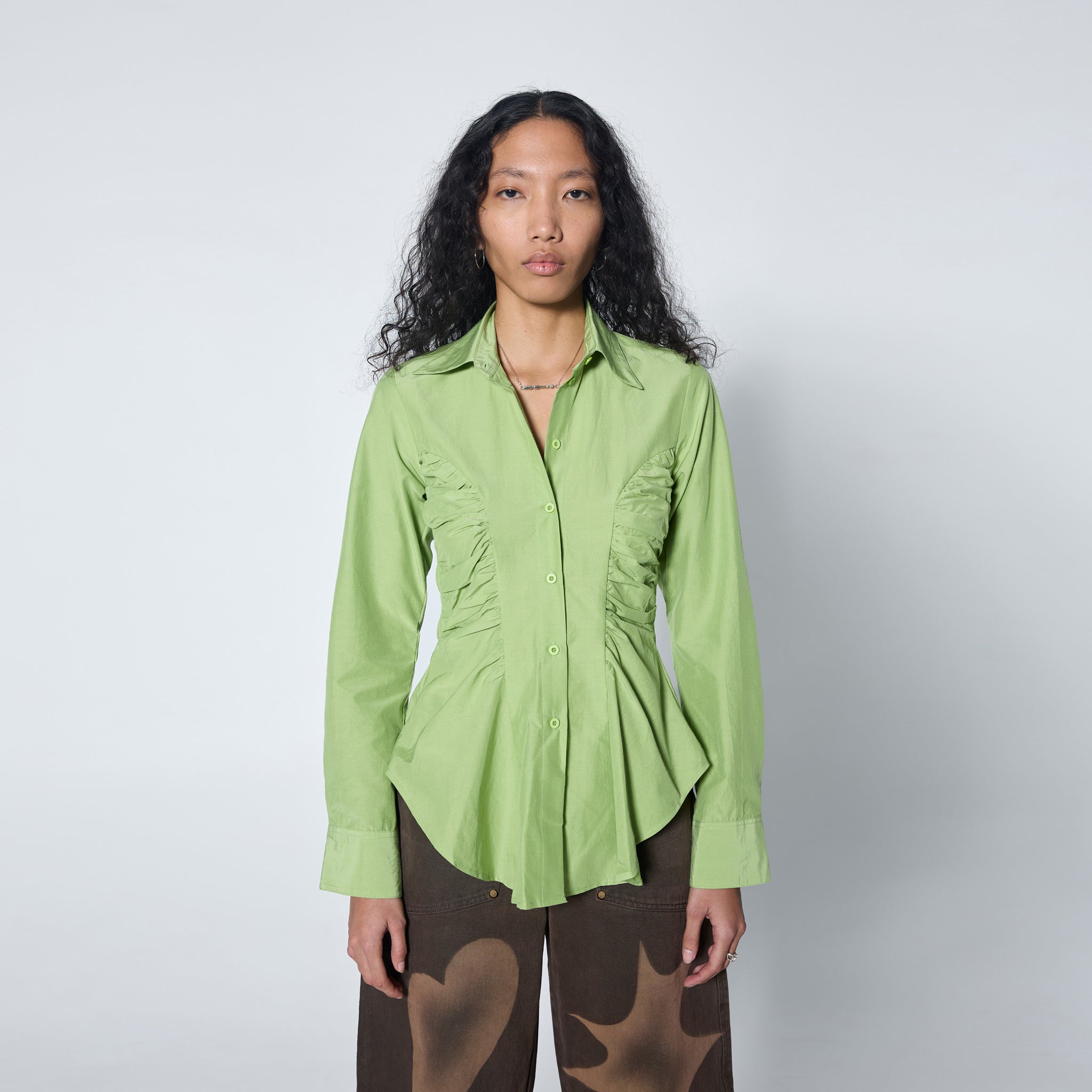 ARTHUR APPAREL — Ruffle Blouse — Lime Green Fitted Shirt with Ruching ...