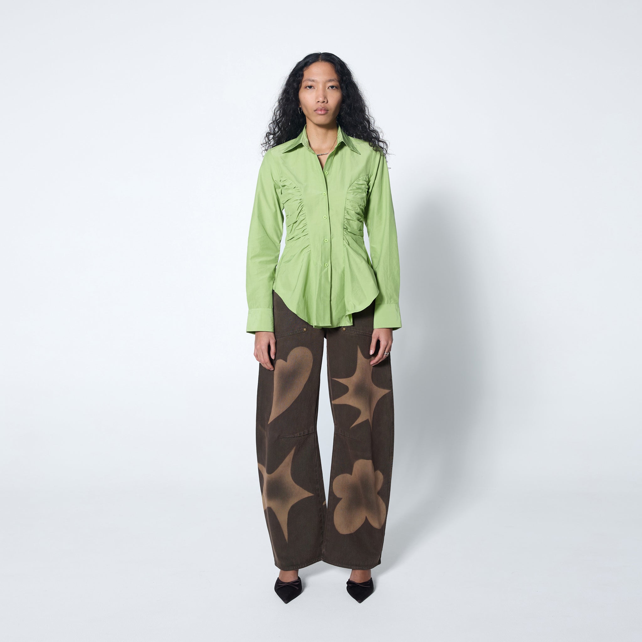 ARTHUR APPAREL — Ruffle Blouse — Lime Green Fitted Shirt with Ruching ...