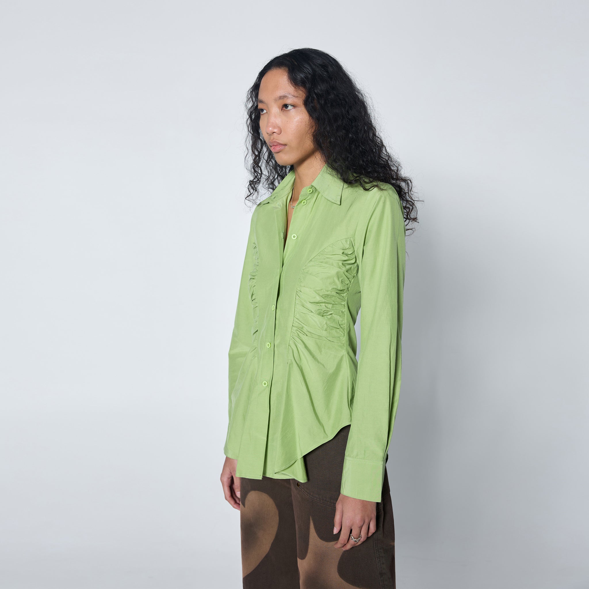 ARTHUR APPAREL — Ruffle Blouse — Lime Green Fitted Shirt with Ruching ...