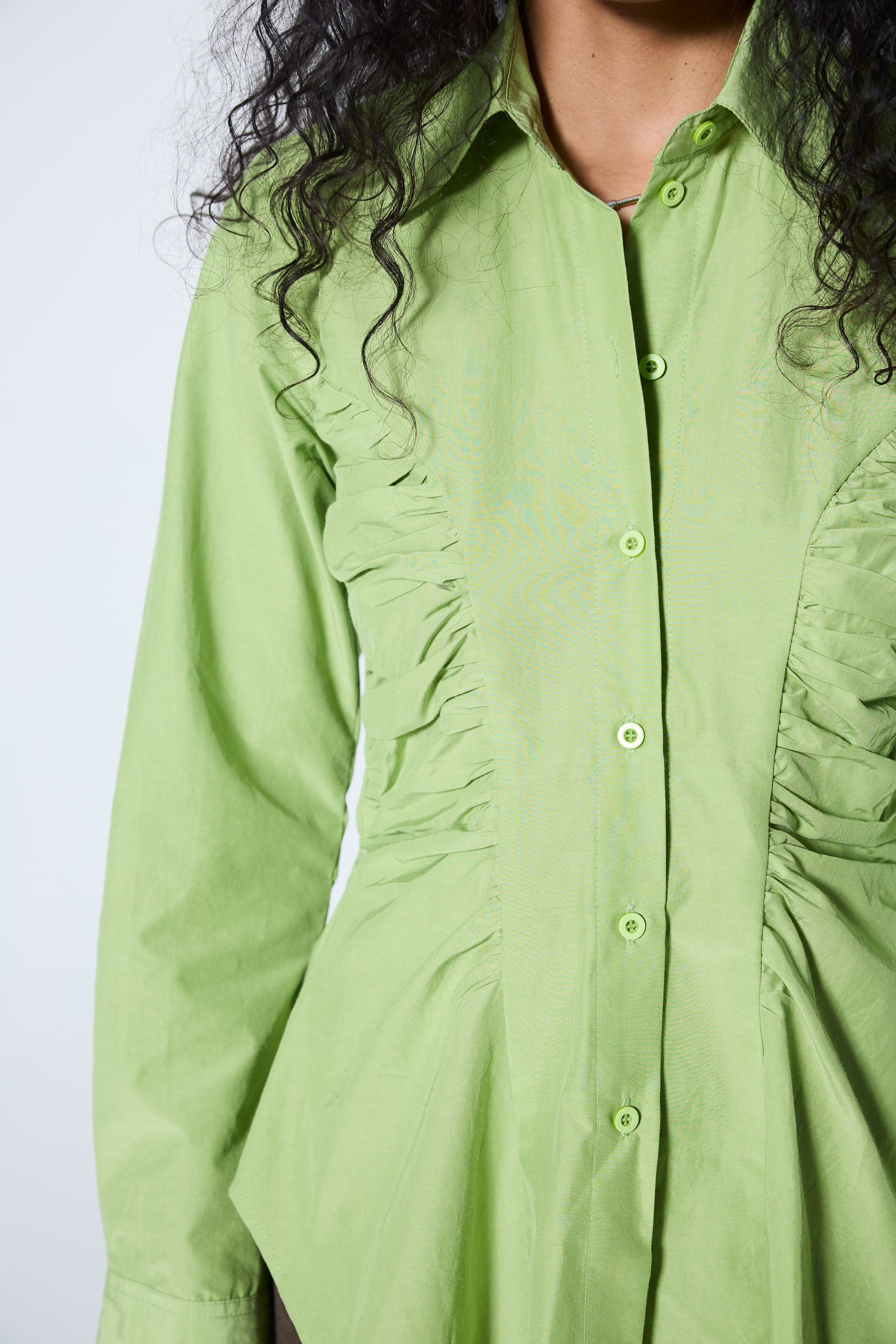 ARTHUR APPAREL — Ruffle Blouse — Lime Green Fitted Shirt with Ruching ...