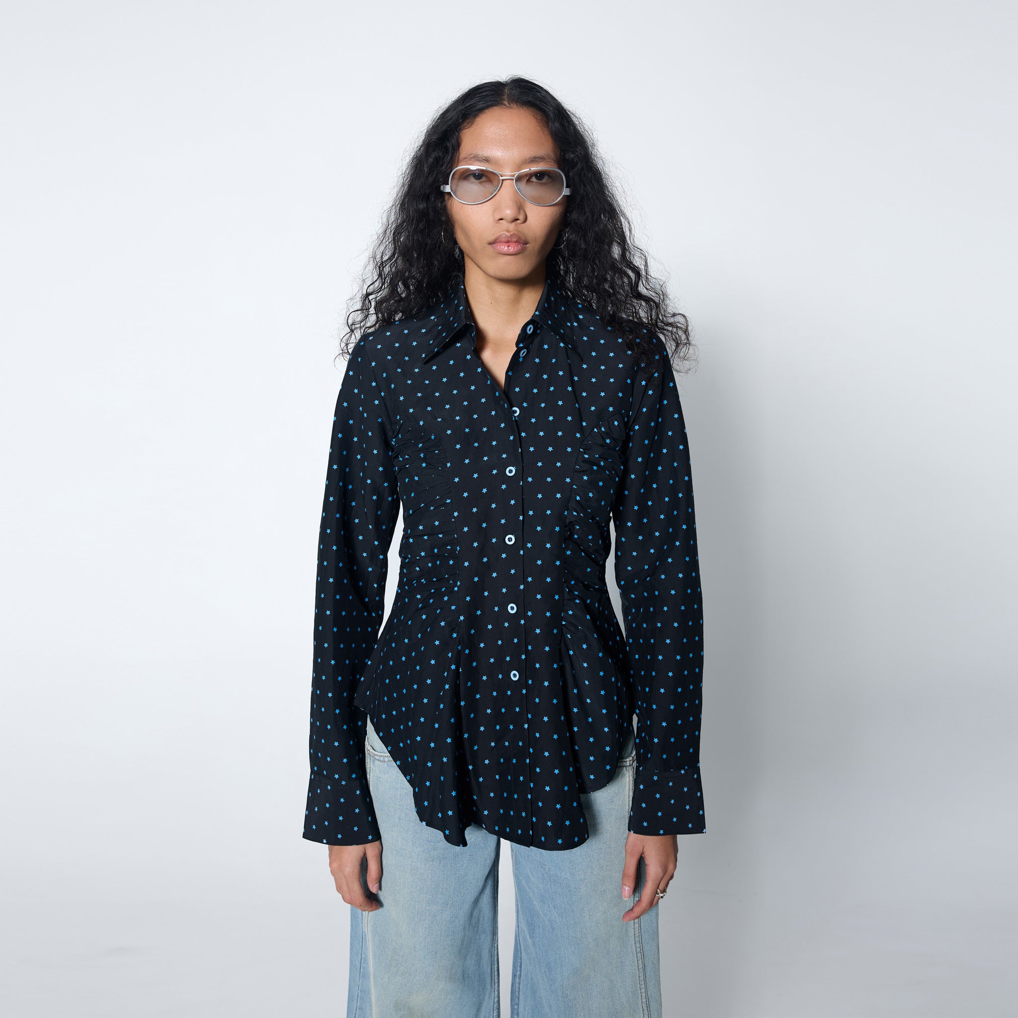 ARTHUR APPAREL — Ruffle Blouse — Printed Fitted Shirt with Ruching ...