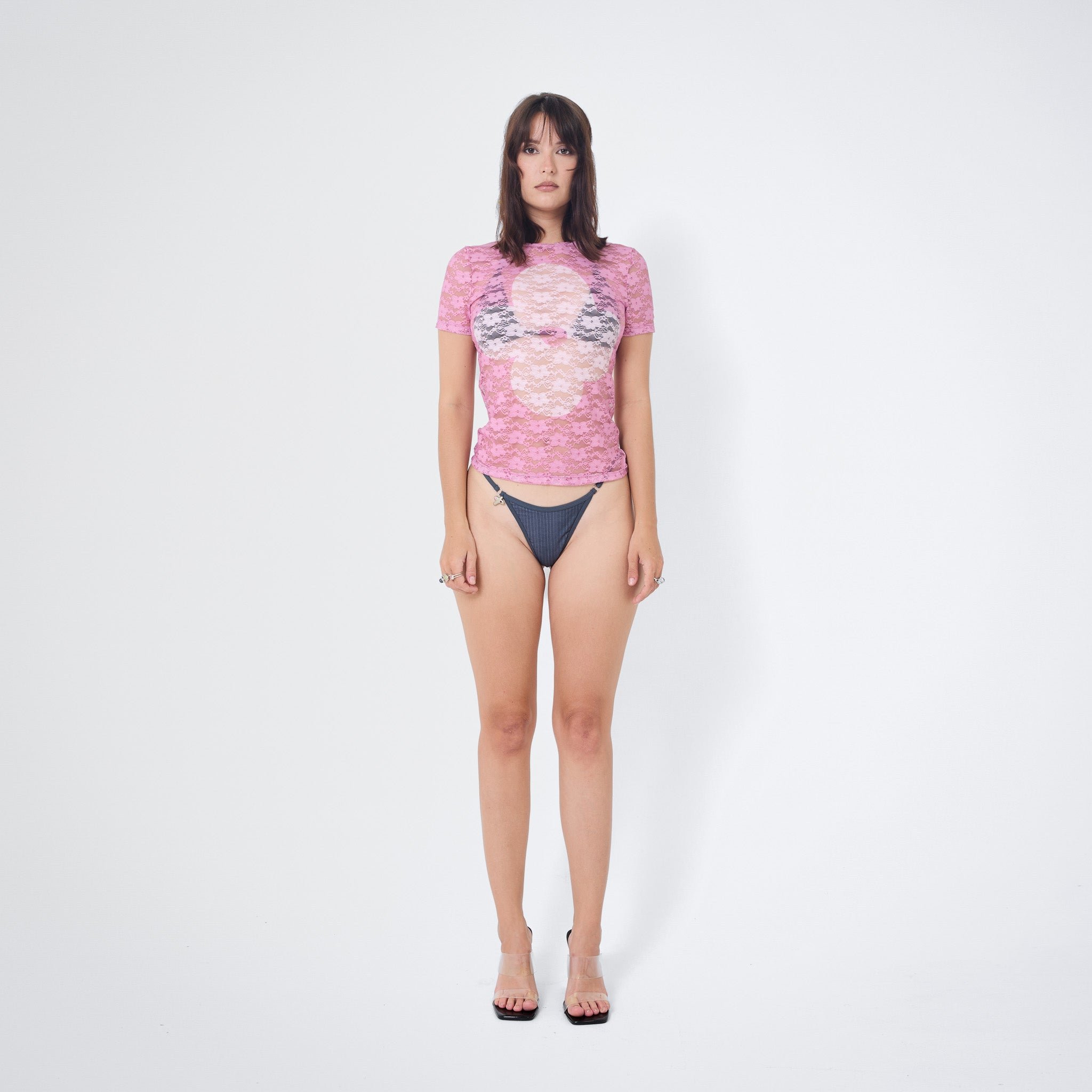 Arthur Apparel see through lace tee in pink with flower print