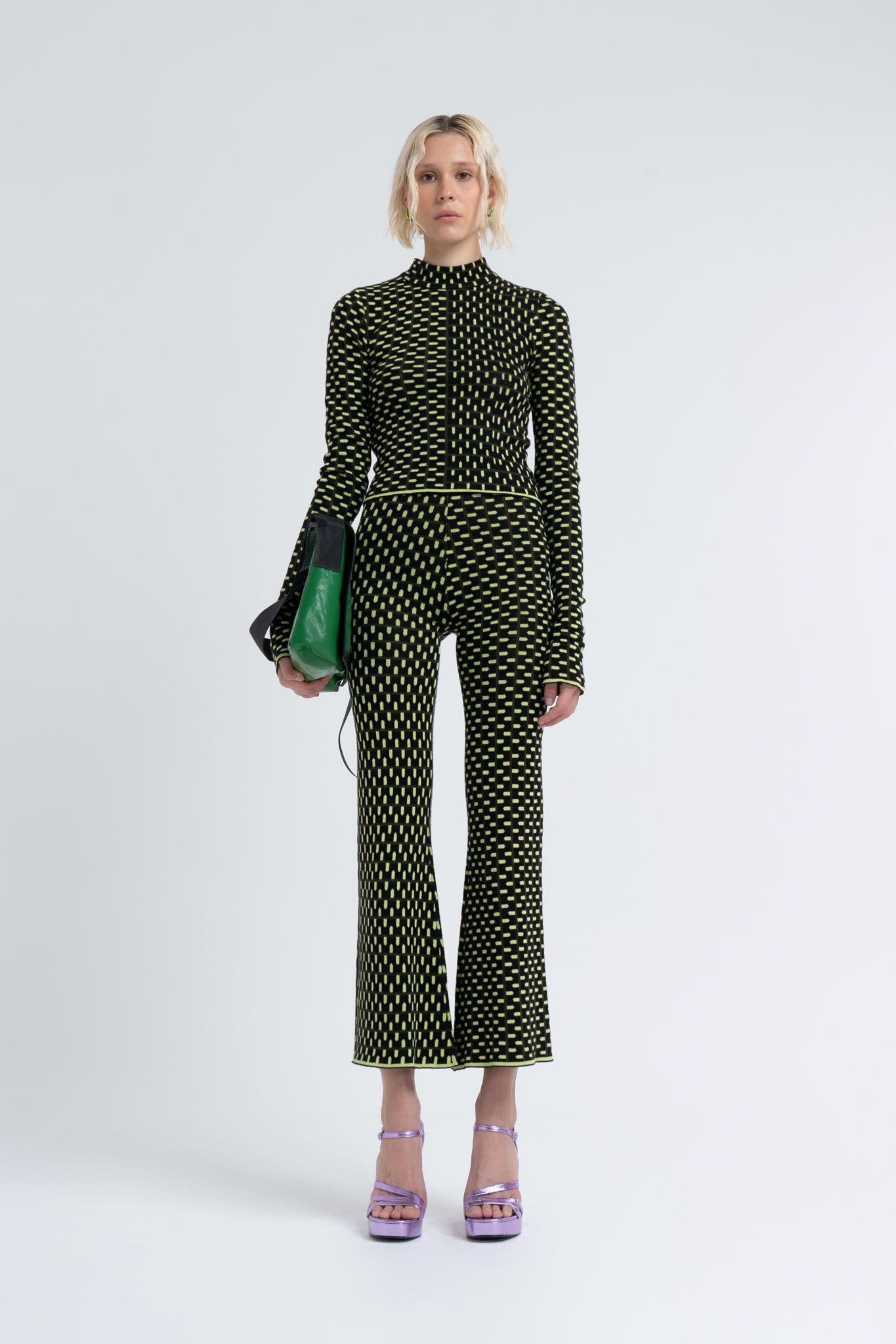 Arthur Apparel Black with Neon Green Dots Cotton Knit Elastic Waist Crop Flare Pant