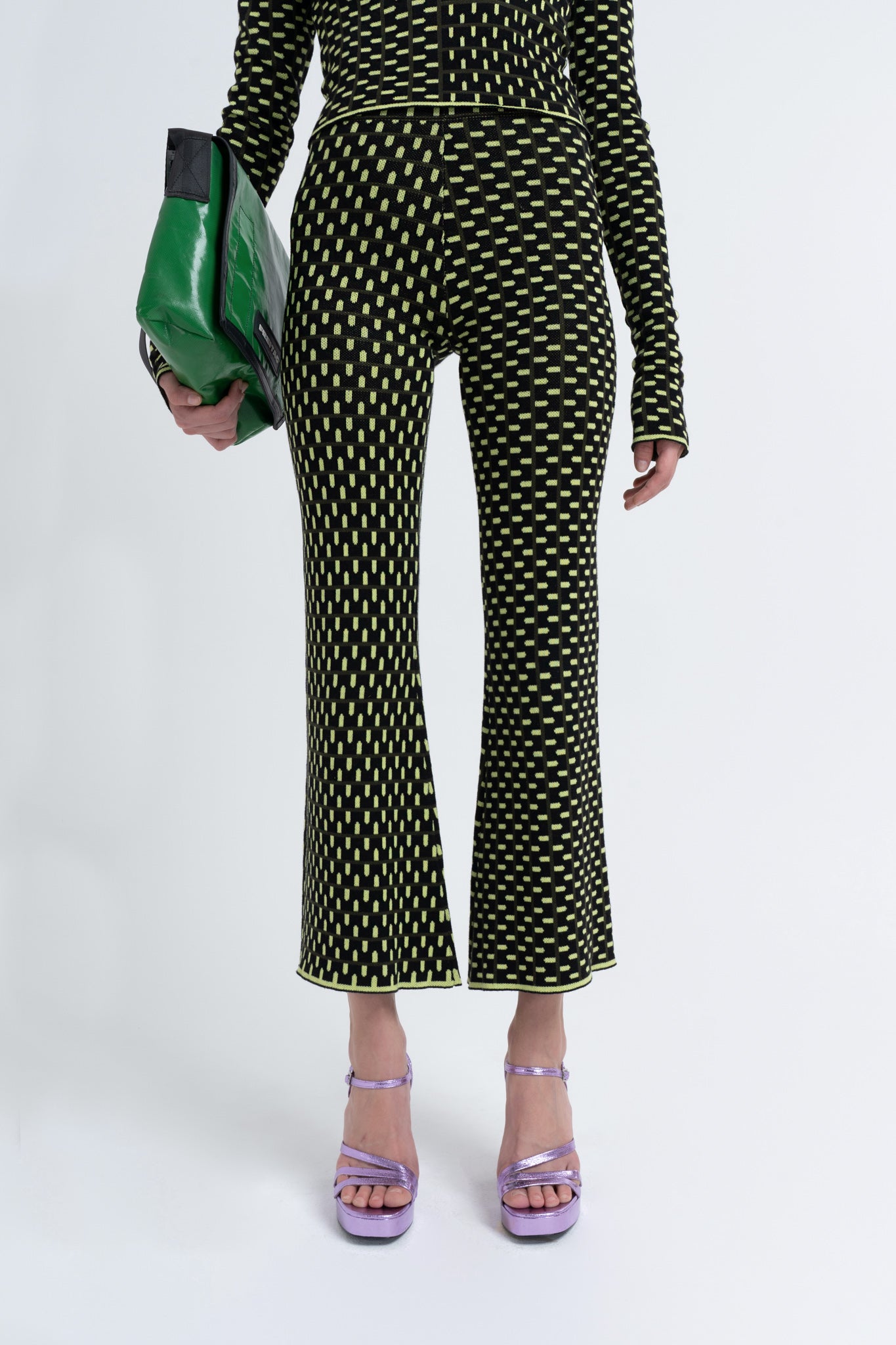 Arthur Apparel Black with Neon Green Dots Cotton Knit Elastic Waist Crop Flare Pant
