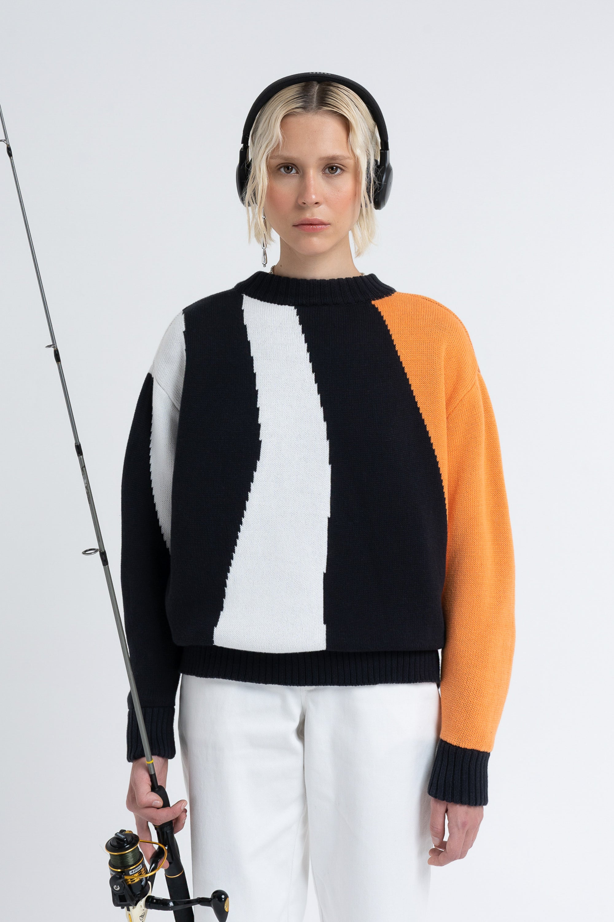 Arthur Apparel Black Orange Tobiko Oversized Crewneck Sweater with Rib in Cotton Jacquard Knit