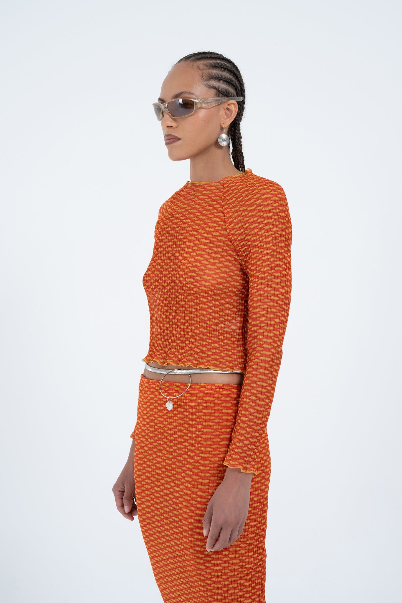 Arthur Apparel Orange printed Pleated Long Sleeve Crop top Swimwear Outer  in Polyester