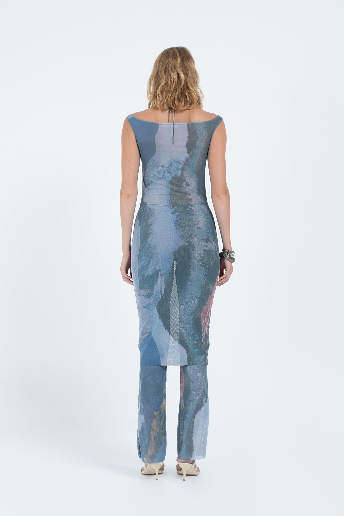 Arthur Apparel Blue Mesh Printed Midi Dress Swimwear Outer  in Nylon
