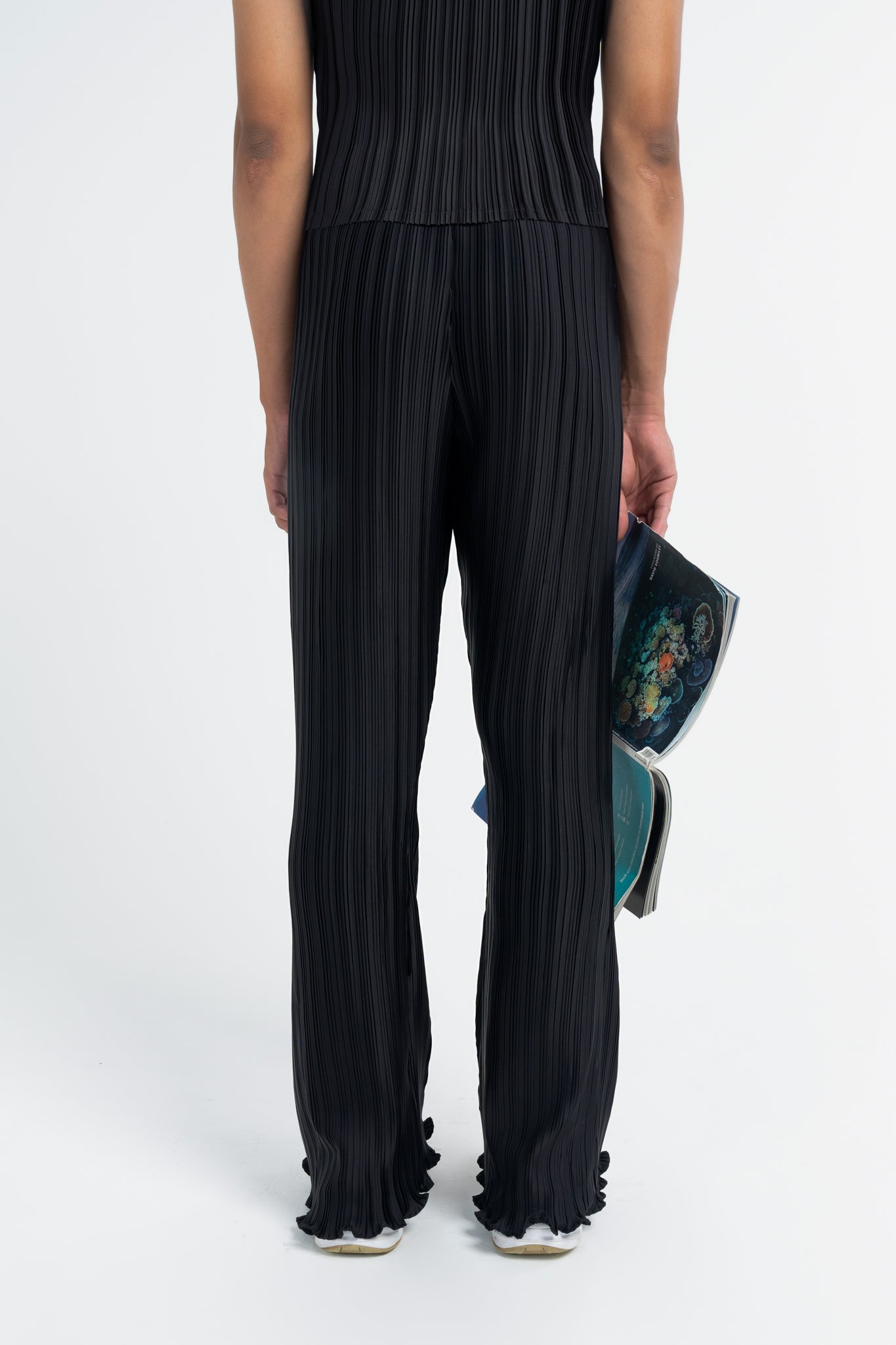 Arthur Apparel Menswear Solid Black High-Rise Pleated Flare Pants with Lettuce Edge in Polyester
